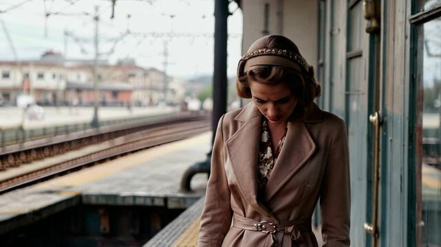 Femme &agrave; la gare avec un manteau &eacute;l&eacute;gant, expression s&eacute;rieuse

