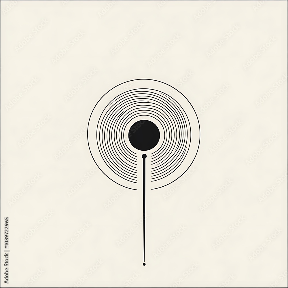 Aufkleber A minimalist design featuring a black circle within concentric circles and a thin line extending downwards, ending in a dot.