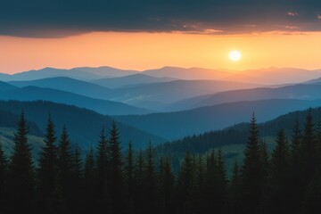 Obraz premium Sunset over mountain range with dark clouds and forested hills Generative AI