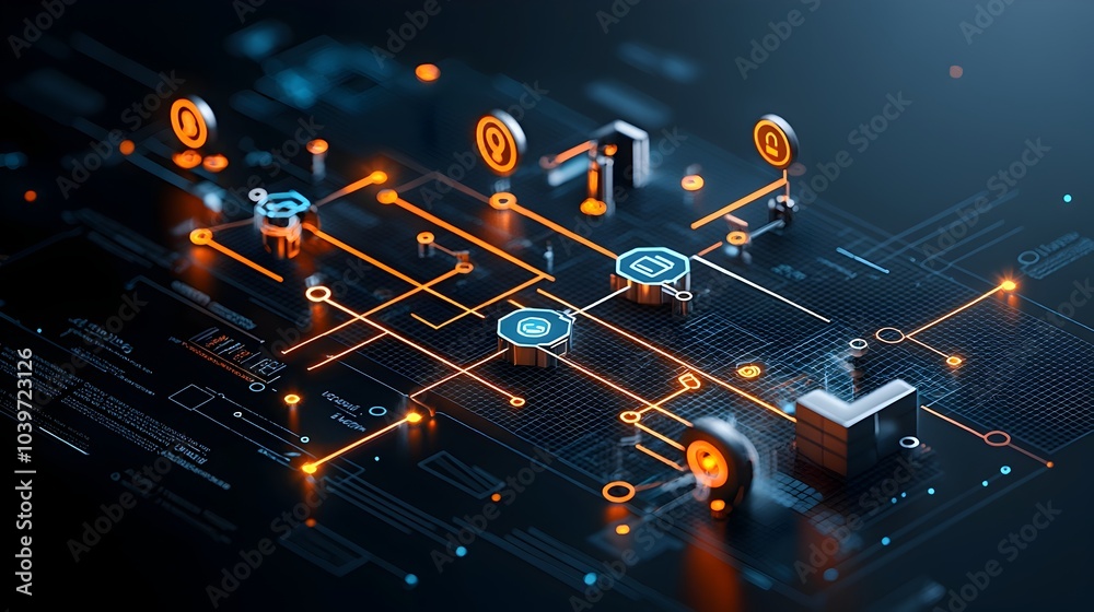 Aufkleber Glowing mesh line flowchart elements seamlessly connected by vibrant glowing lines creating a dynamic and futuristic visualization of a digital network or information system