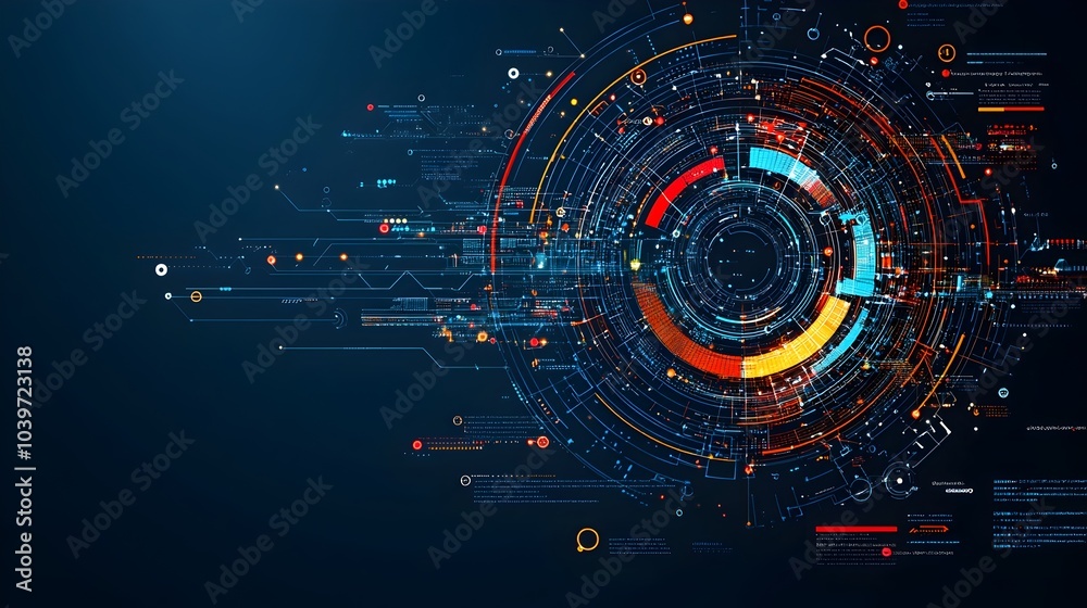 Poster Glowing mesh line circles intertwining and overlapping to create a dynamic and dimensional layered infographic design  This abstract digital features a modern