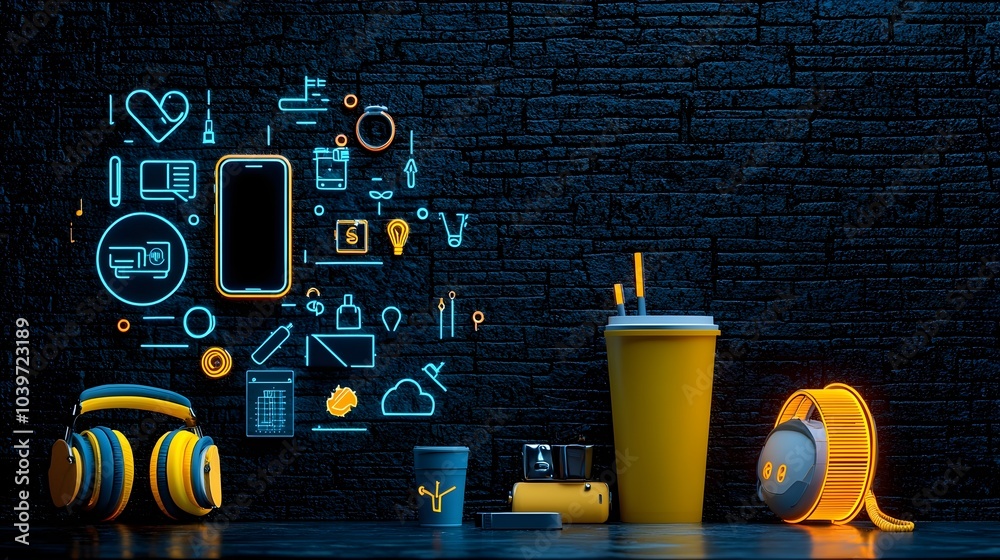 Poster glowing mesh line icons depicting various everyday objects with vibrant neon outlines creating a mod