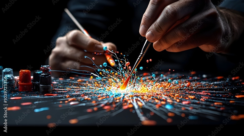 Poster glowing mesh line paintbrush creating a captivating luminous trail across a canvas showcasing a mode