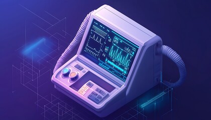 Detailed isometric ventilator graphic showing essential monitoring statistics.
