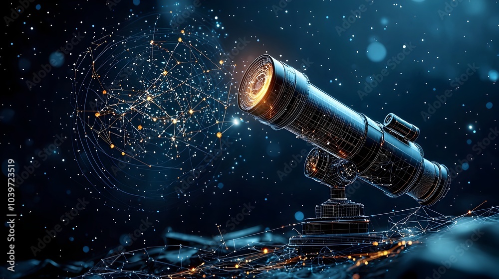 Poster Glowing mesh line telescope pointed at a starry sky with neon constellations creating a futuristic and surreal cosmic landscape