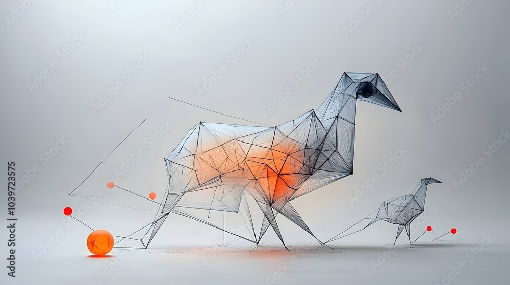 Poster Glowing mesh line origami figures with vibrant neon edges in an abstract digital art design showcasing a modern minimalist and futuristic aesthetic