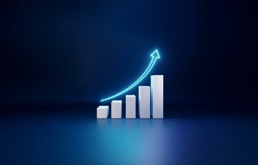 A white bar graph with a neon blue arrow pointing up on a dark blue background.