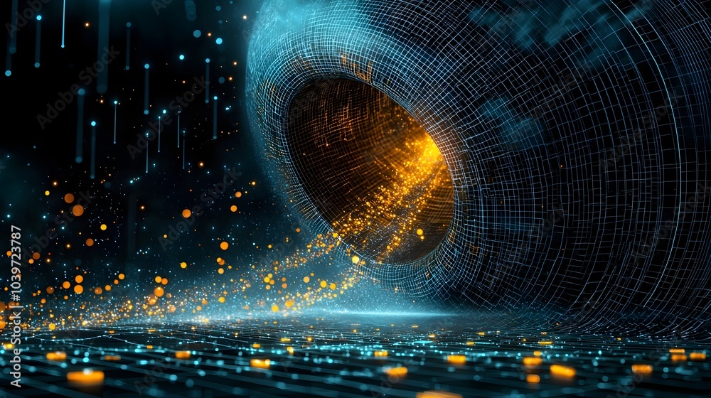 Aufkleber Glowing mesh lines and dynamic data streams flowing through a futuristic abstract grid system  A modern minimalist digital or 3D rendering showcasing technological innovation and data visualization
