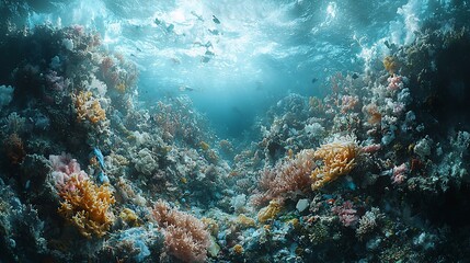 Naklejka premium A vibrant coral reef teeming with life under the surface of the ocean.