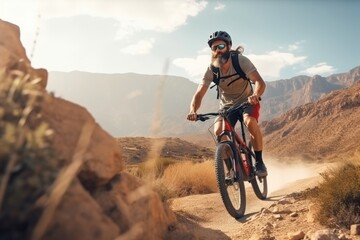 Fototapeta premium Mature man riding bike on mountain trail bicycle vehicle cycling.