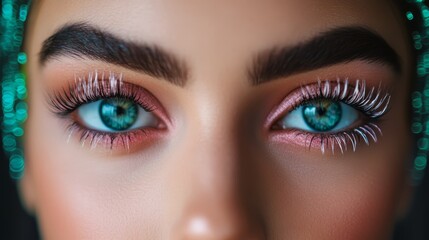 Obraz premium A tight shot of a woman's face Her bright blue eyes gaze directly at the camera She wears a green headband that accentuates her forehead