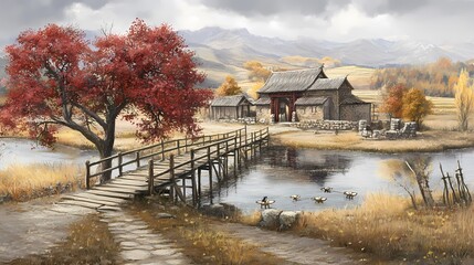 Fototapeta premium Tranquil Asian Village with Wooden Bridge and Red Tree