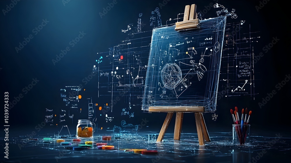 Aufkleber Glowing mesh lines create a dynamic and futuristic painting easel featuring a luminescent canvas and a vibrant paint palette showcasing an innovative and experimental expression