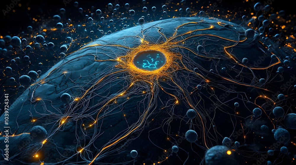 Leinwandbilder Glowing mesh lines branching like veins illuminate a captivating river delta creating an ethereal and futuristic natural landscape