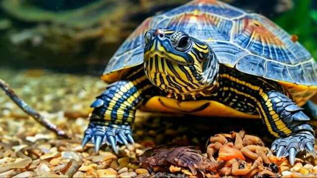 Caspian Turtle eating mealworms underwater. It's also called striped neck terrapin. reptile as a pet, tortoise. reptiles amphibians. mealworm, meal worm, worms, superworms, super worms, Live meals