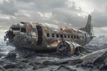 Eerie airplane graveyard scene with haunting beauty and mysterious allure