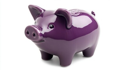 Obraz premium A purple ceramic piggy bank with a smiling face isolated on a white background.
