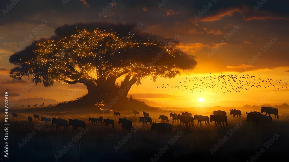 Leinwandbilder glowing mesh lines delicately tracing the movement of migrating herds across a vast and serene savan