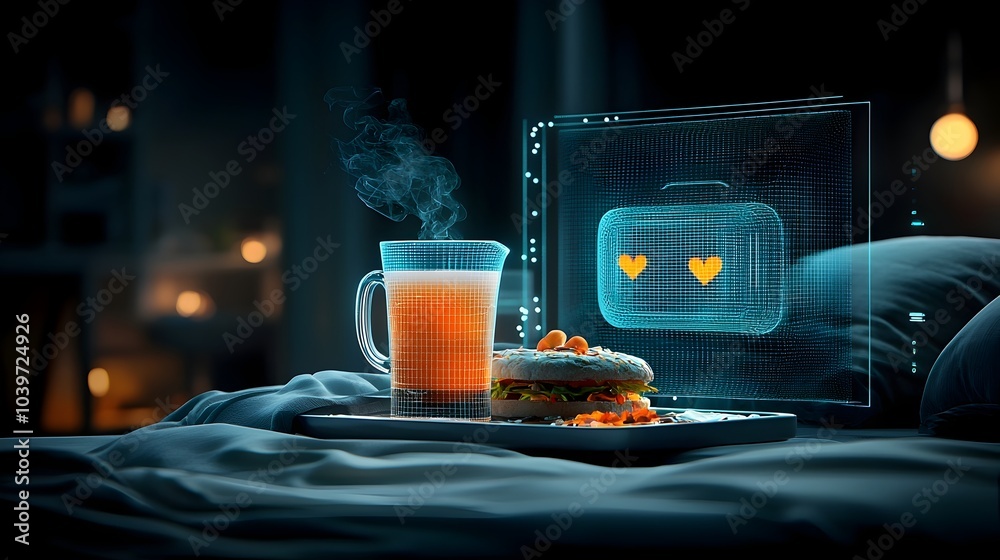 Aufkleber glowing mesh lines delicately outlining a morning breakfast tray placed on a cozy bed creating a ser