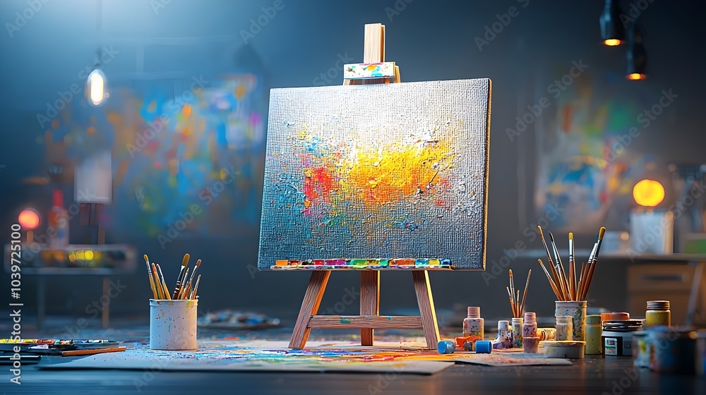 Poster Glowing Mesh Lines Digital Painting Easel with Luminous Canvas and Palette Showcasing a Modern Innovative and Captivating Creative Workspace