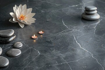 Beautiful composition with spa stones on grey marble table