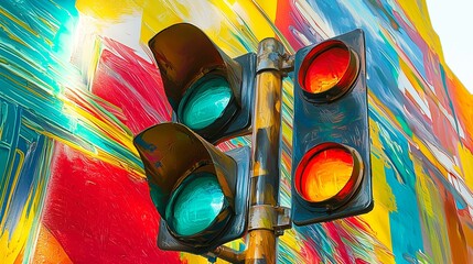 Traffic light against vibrant graffiti, symbolizing urban traffic flow and control.