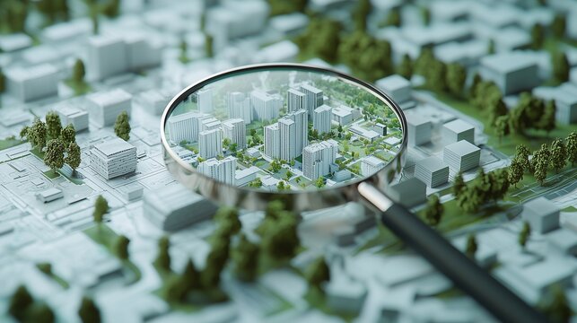 Magnifying glass over a city model highlights precision in land surveying.