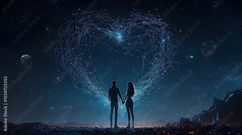 Aufkleber Glowing mesh lines forming a dynamic heartbeat pattern surrounding a couple tenderly holding hands symbolizing the connection unity and emotion between them