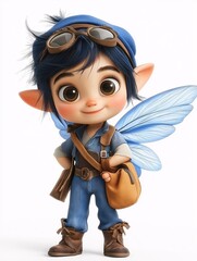 Fototapeta premium Adorable Fairy Boy with Wings: A charming, blue-eyed fairy boy with wings, wearing a blue uniform, goggles and a satchel, exudes a sense of innocent wonder and adventure.