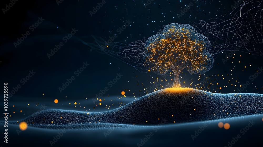 Poster glowing mesh lines forming the silhouette of a tree with blossoming flowers a stunning digital art w
