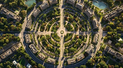 Aerial view of circular urban layout with roads and greenery, symbolizing organized city planning.
