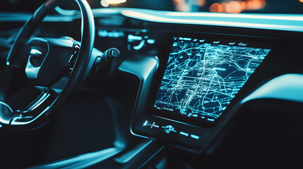 Close-up of a sleek car dashboard with a large, illuminated GPS map screen. The high-tech design enhances the modern, futuristic driving experience.