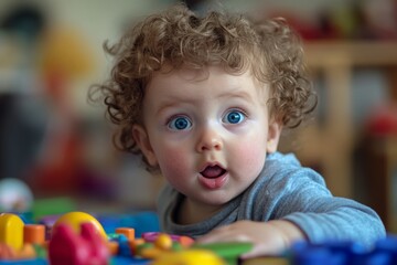Fototapeta premium A curious toddler with curly hair and bright blue eyes. They are surrounded by colorful toys on a playful mat. This image captures childhood wonder and joy. Generative AI
