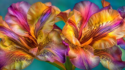  Two colorful flowers in focus against a blurred backdrop of green and blue