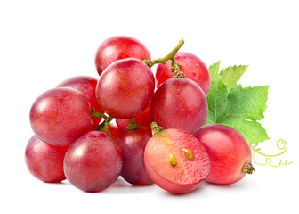 Red grape with cut in half isolated on white background.