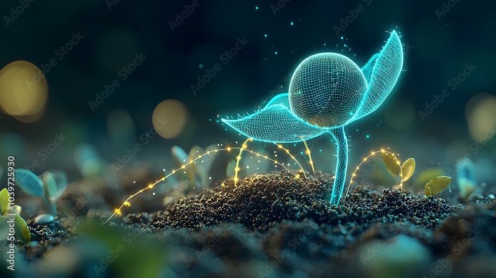 Aufkleber glowing mesh lines gracefully tracing the growth and emergence of a vibrant seedling sprouting from 