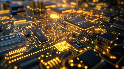 Obraz premium A close-up of a next-generation circuit board with intricate gold wiring and microchips glowing slightly under laboratory lights