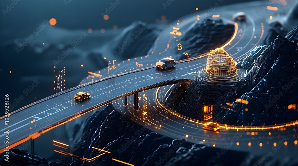 Aufkleber glowing mesh lines illustrate a coastal highway at night with sparkling waves and radiant headlights