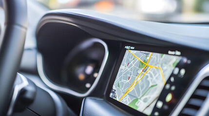 Close-up of a car dashboard displaying a GPS map interface during daylight, capturing the clarity of modern navigation systems in an urban environment.
