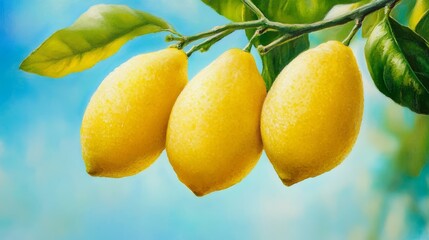  Three lemons suspended from a green-leafed branch against a blue sky Background features a blue backdrop with green leaves