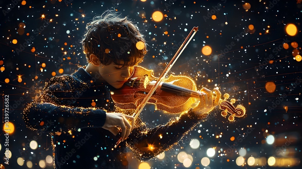 Fototapete Glowing mesh lines swirling and undulating around a talented musician playing a mesmerizing violin performance in a serene park setting creating a captivating and dreamlike visual experience