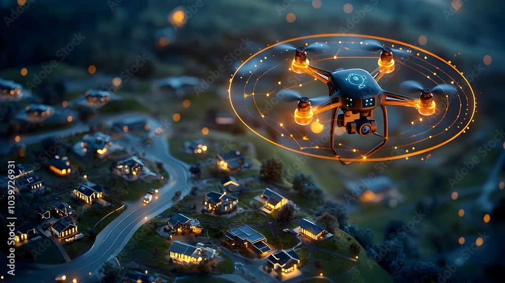 Leinwandbilder Glowing mesh lines trailing behind a drone as it flies over a modern illuminated neighborhood at night creating a dynamic futuristic visual effect