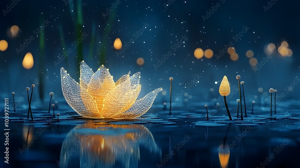 Aufkleber Glowing mesh lotus flower gently floating on a tranquil mirrored pond creating a serene and captivating digital art landscape