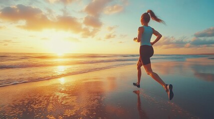 Energetic female athlete running on picturesque beach with stunning sunset sky and ocean backdrop  Fitness wellness and personal empowerment concept