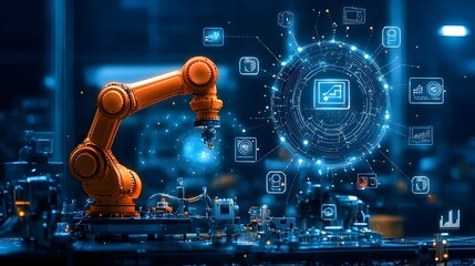 Glowing mesh network depicting the interconnected digital infrastructure of a smart factory system showcasing automation