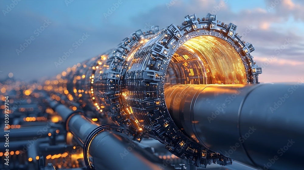 Poster glowing mesh network of interconnected oil and gas pipelines linking refineries representing the com