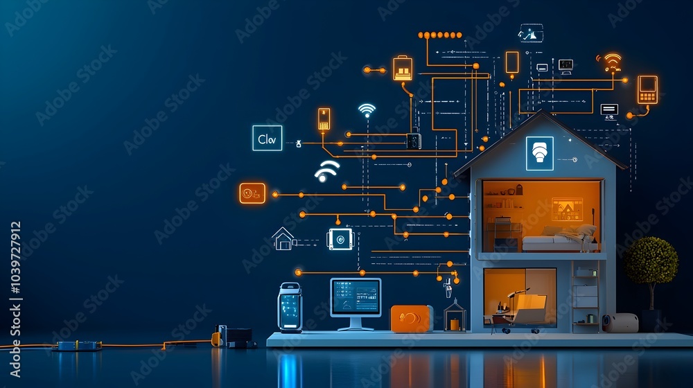 Fototapete glowing mesh network seamlessly connecting various household devices and systems for an intelligent 