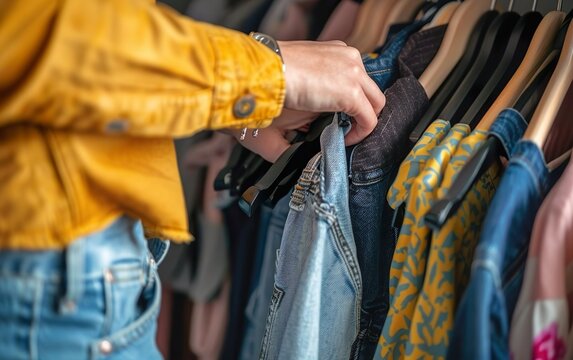 Closeup of a person taking second hand clothes from hanger. Vintage garments at volunteer service. Sustainability, circular economy, zero waste, thrift concept. Clothing donation poster. AI Generative