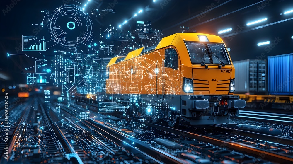 Poster Glowing Mesh of Illuminated Railway Tracks Connecting Industrial Hubs and Powering Efficient Cargo Transportation through the City at Night