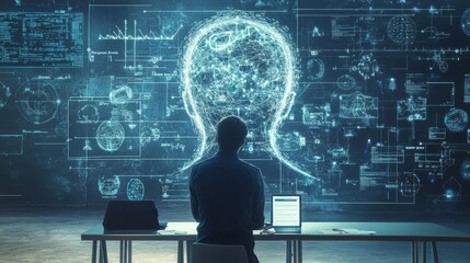 a man at the table works on artificial intelligence robot
